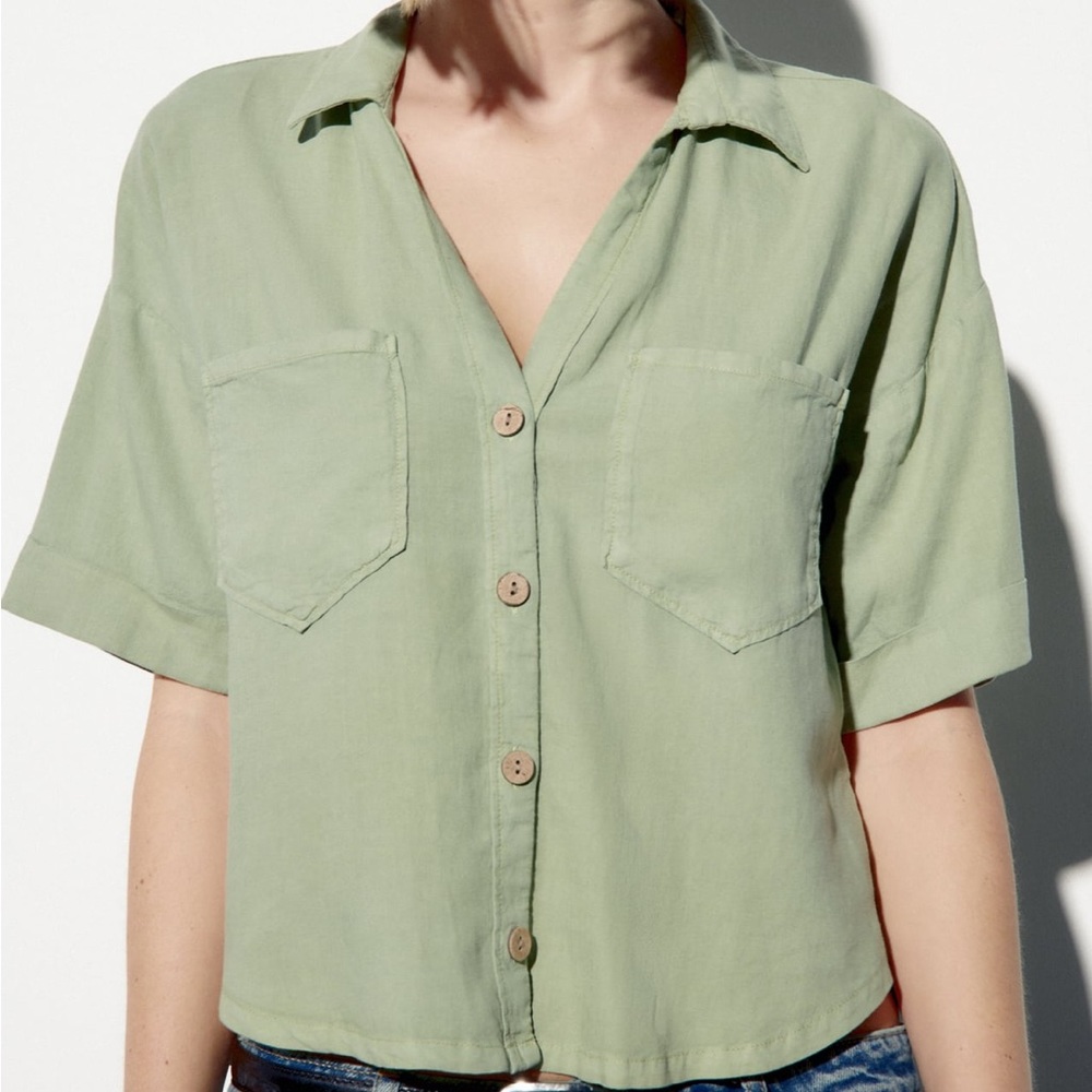 Zara Green Linen Crop Button Down Shirt